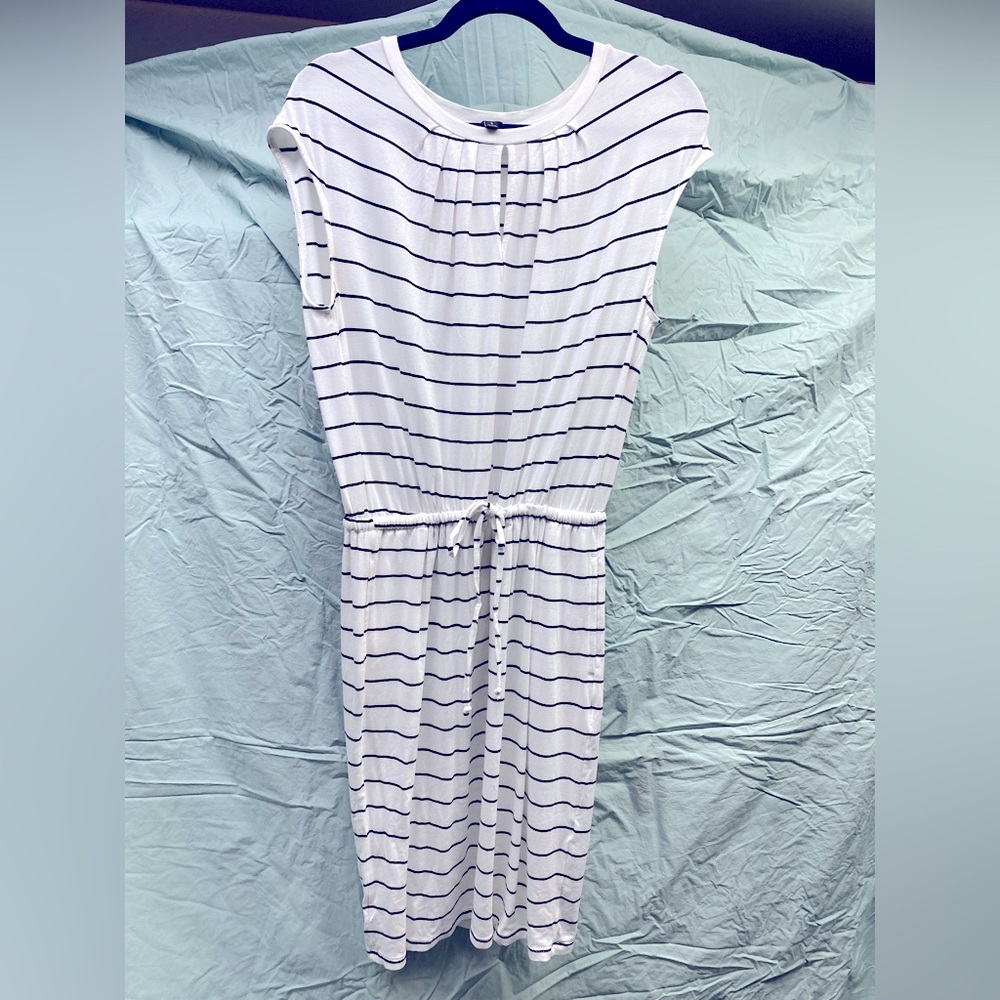 White and navy striped cotton dress